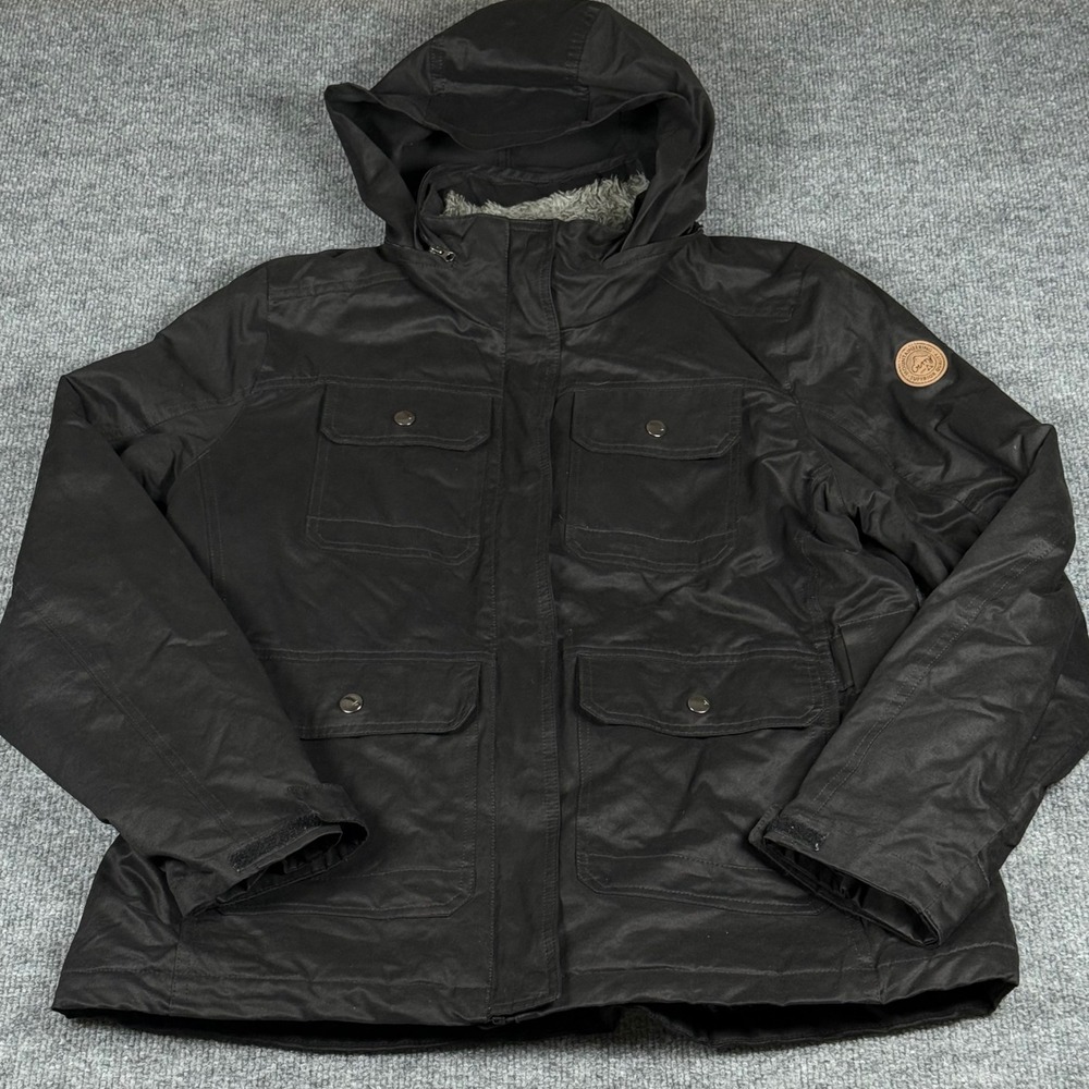 Gerry Large Black Full Zip Hooded Parka Jacket Packable Hood Snap Utility Barn